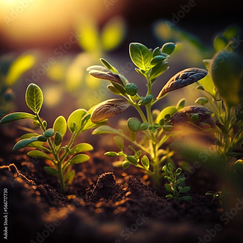 Growth plants concept in the nature morning light on green background.
