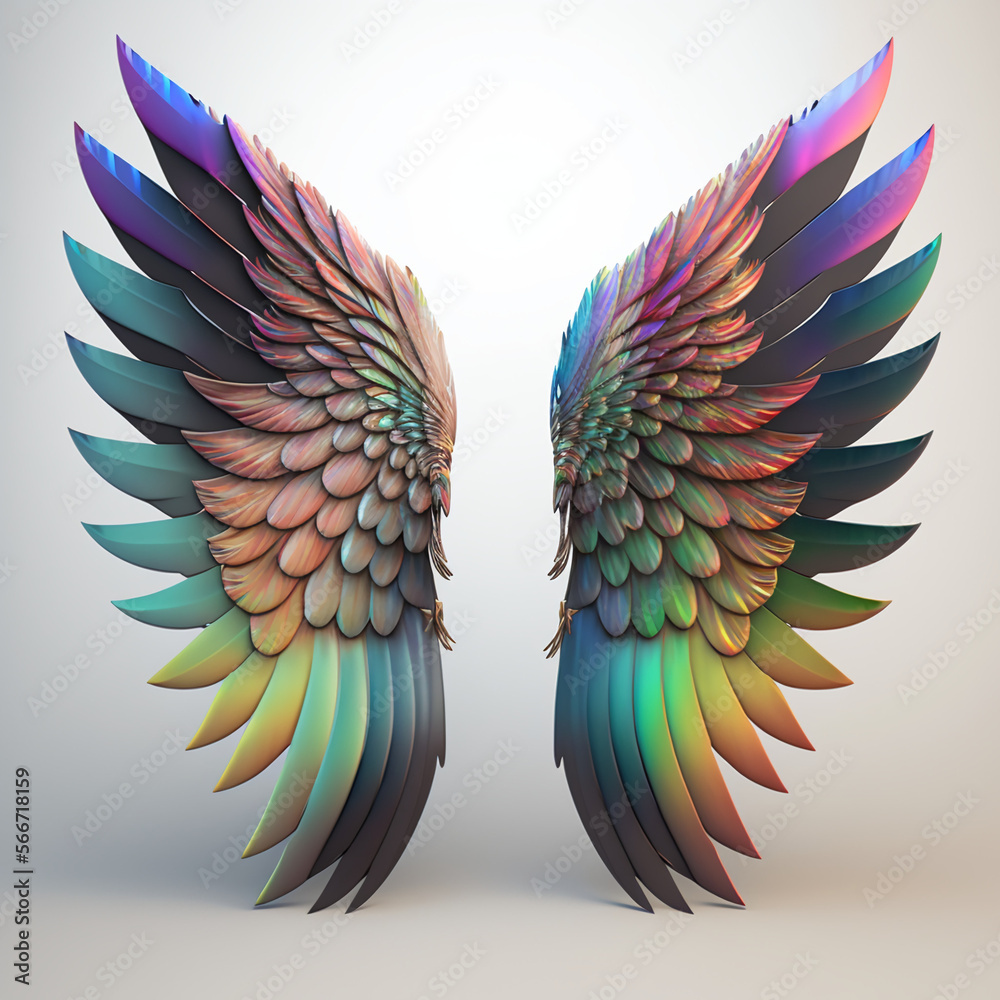 Obraz premium A pair of angle's rainbow feather wings, top lights, isolated on simple background.