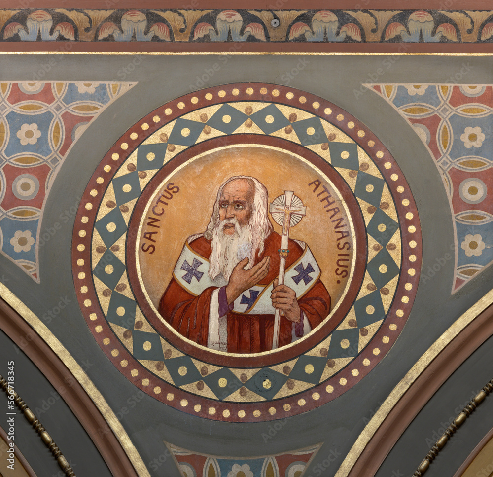 BERN, SWITZERLAND - JUNY 27, 2022: The fresco of St. Athanasius in the church Dreifaltigkeitskirche by August Müller (1923).