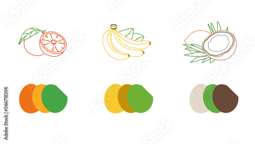 set of fruits, orange, banana, coconut