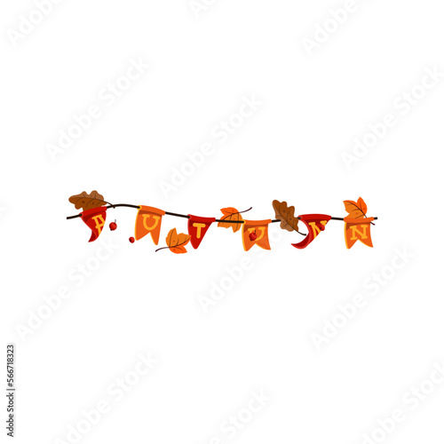 Autumn garland with leaves and flags. Vector illustration of fall garland. Cartoon garland with leaves and flags isolated on white. Thanksgiving decor concept