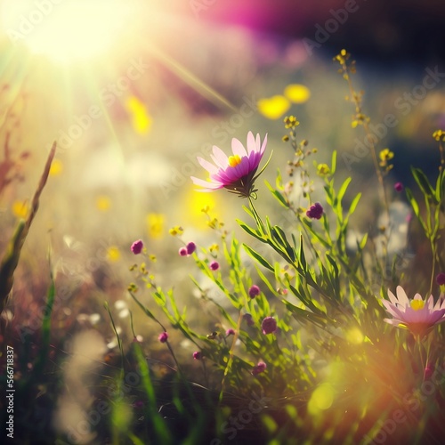 grassy meadow with spring wildflowers, sunburst on green grass meadow.