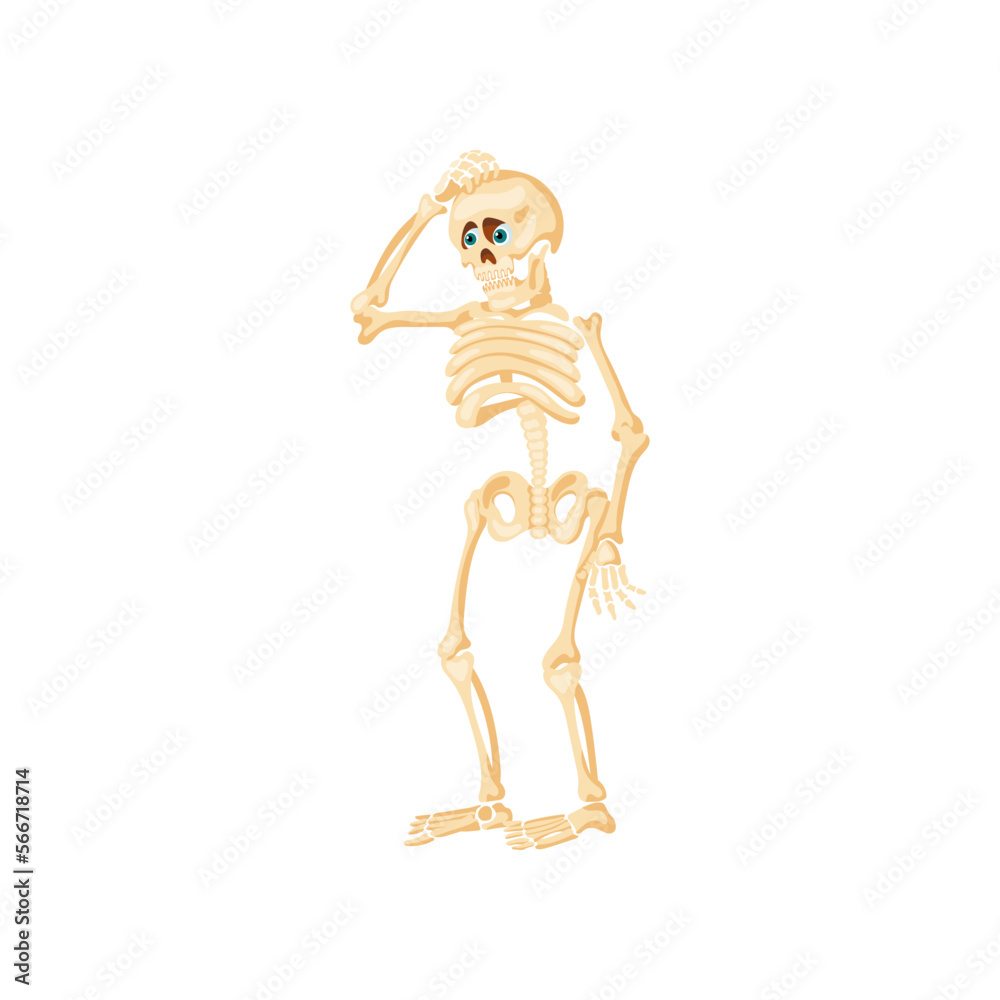 Cute skeleton scratching head vector illustration. Cartoon drawing of funny spooky Halloween character isolated on white background. Halloween, fantasy concept