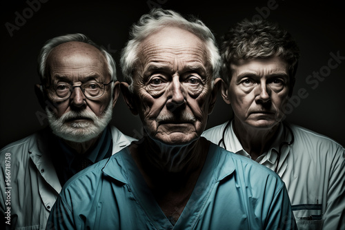 Portrait of professor sergery senior medical doctors team on dark background,generative ai.