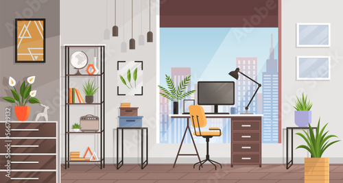 Modern home office interior. Remote workplace with desk, chair, computer and potted plants. Front view of empty working place with furniture. Interior for freelancer. Work table with wheelchair