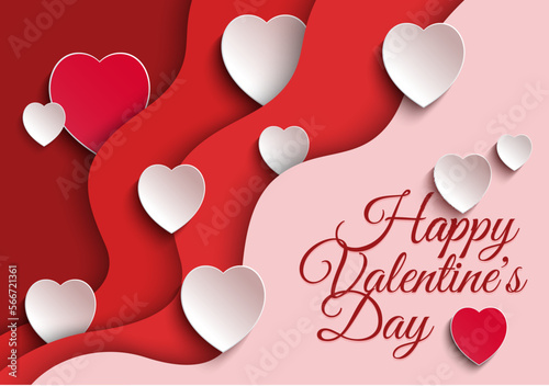 Happy Valentines day poster voucher. Beautiful paper cut white clouds with white heart frame on pink red background. White and red hearts. Papercut Valentine style. Place for text. Romantic greating