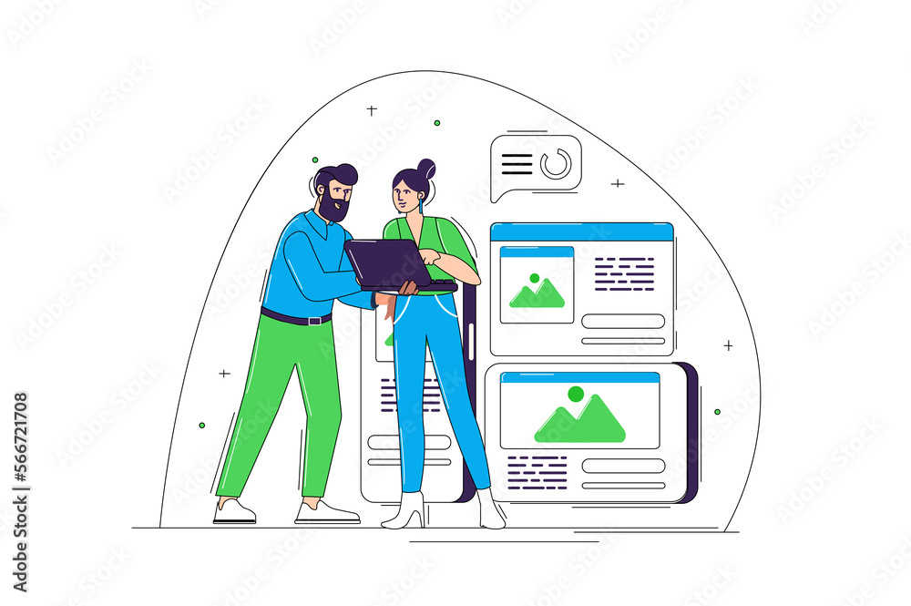 Web development blue and green concept with people scene in the flat cartoon style. Two programmer agree on the design of web site