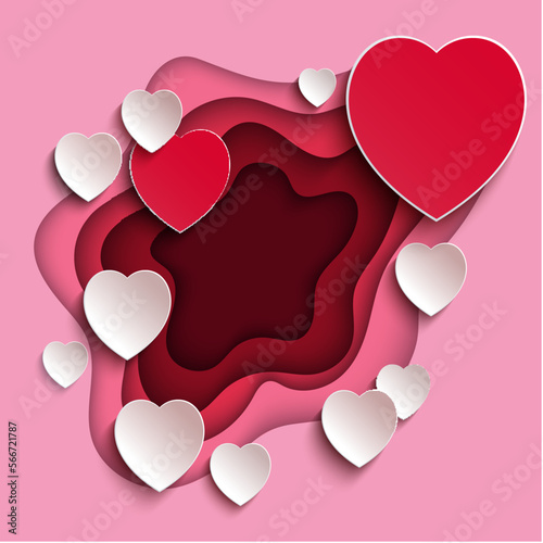 Happy Valentines day poster voucher. Beautiful paper cut white clouds with white heart frame on pink red background. White and red hearts. Papercut Valentine style. Place for text. Romantic greating