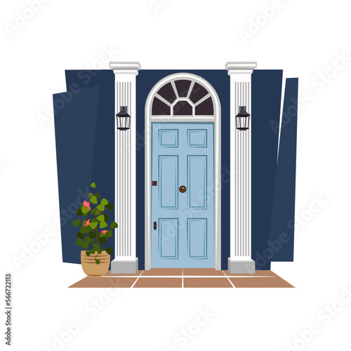 House or apartment entrance, wall with columns, potted flower, lamps and casement window at wooden door isolated on white background. Porch flat vector illustration. Exterior design concept