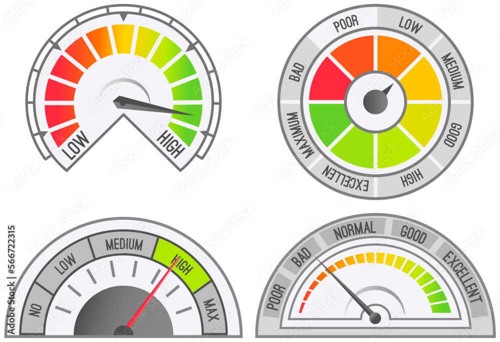Color scale with arrow from no to max and change in indicators. Measuring device icon tachometer, speedometer, quality detector. Colorful infographic gauge element from poor to good, speed changes Color scale with arrow from no to max and change in indicators. Measuring device icon tachometer, speedometer, quality detector. Colorful infographic gauge element from poor to good, speed changes