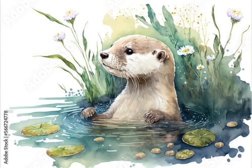 Cute otter is playing in lake. Watercolor painting of cute otter wild animals. Generative AI