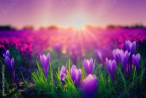Beautiful meadow of purple crocuses in spring, sun rays light the beautiful colorful landscape. Copy space. Illustration, generative AI.