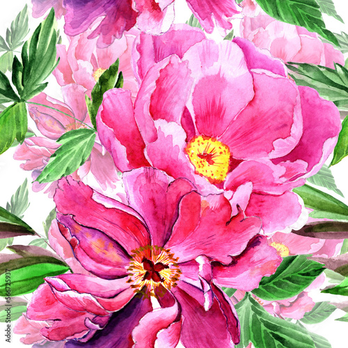 Watercolor pink peonies in a seamless pattern. Can be used as fabric, wallpaper, wrap.