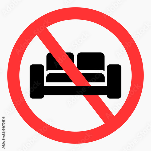 Sofa prohibition icon. No sofa. Do not sit down furniture. Vector icon.