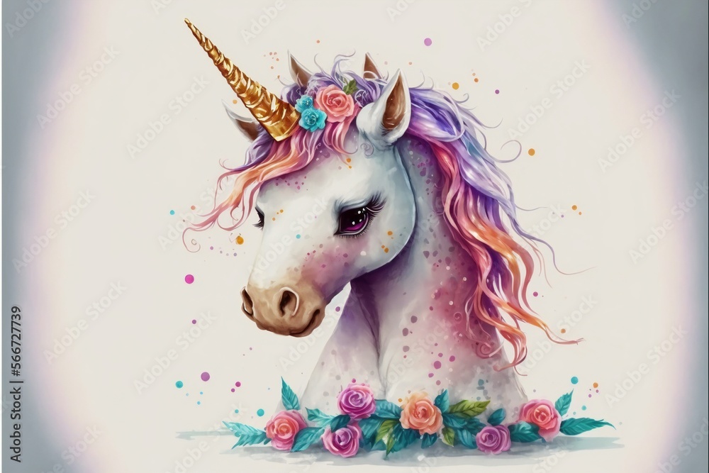 Adorable white unicorn with a multi-colored mane on a background of flowers in a watercolor style.AI generated.