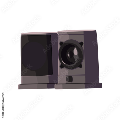 Black speakers for stereo system vector illustration. Cartoon drawing of audio speakers isolated on white background. Music, entertainment, multimedia concept
