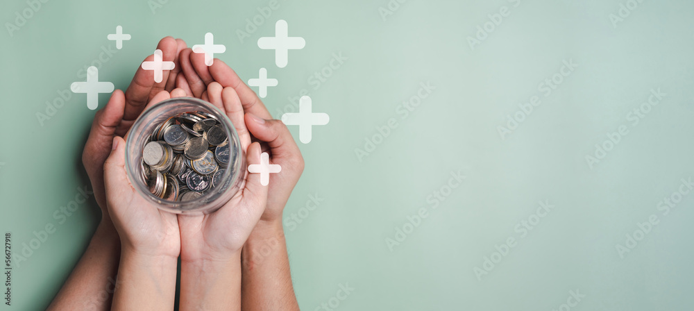 hands of adult and child holding money jar, donation, saving, fundraising charity, family finance plan, inflation, superannuation, investment, retirement concept