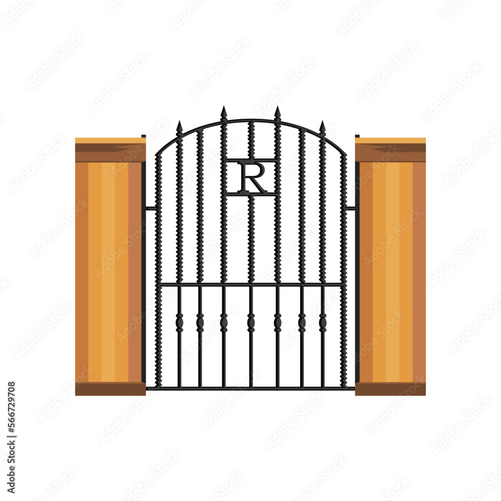 Wrought iron fence gate vector illustration. Manor barrier with closed door, ornaments and decoration with letter R isolated on white background. Entrance, city concept Wrought iron fence gate vector illustration. Manor barrier with closed door, ornaments and decoration with letter R isolated on white background. Entrance, city concept