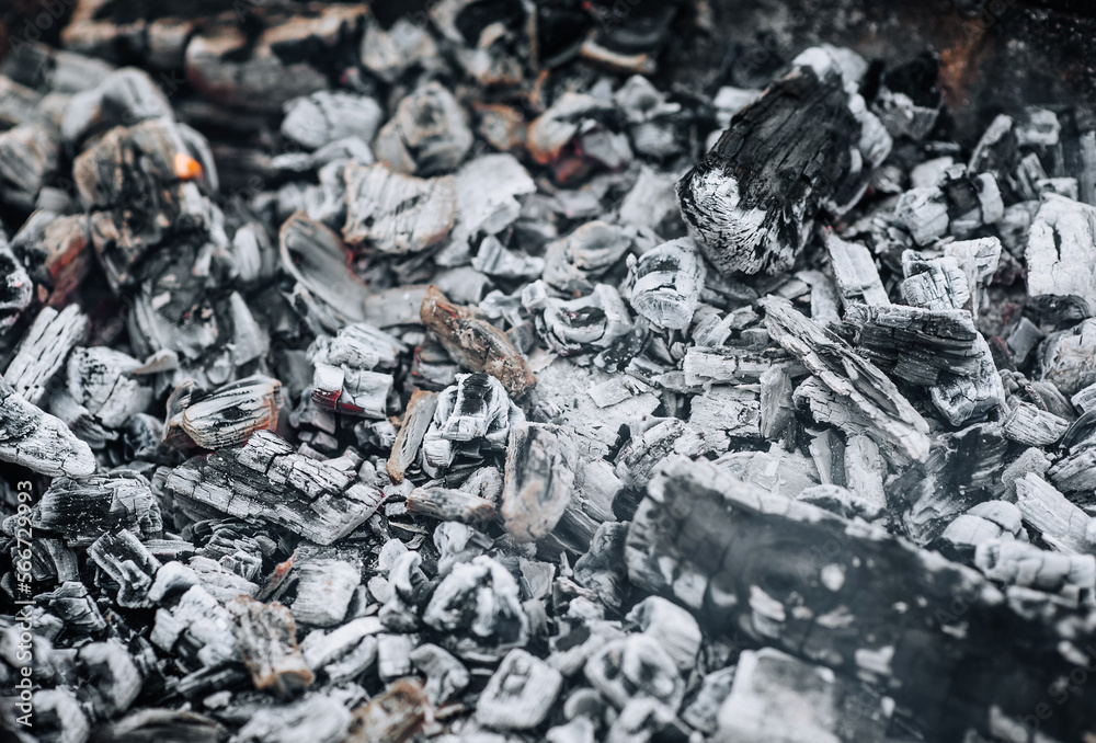 Close-up photo of smoldering gray coals, burnt ash close-up in a bonfire, fire. Close-up photo of smoldering gray coals, burnt ash close-up in a bonfire, fire.