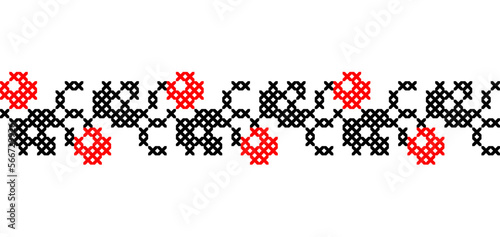 Ukrainian vector ornament, border, pattern. Ukrainian traditional embroidery of berries. Border in red and black colors. Pixel art, vyshyvanka, cross stitch