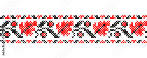 Ukrainian vector ornament with leaves and flowers. Ukrainian traditional embroidery pattern, border, ornament . Seamless pattern in red and black colors. Pixel art, vyshyvanka, cross stitch