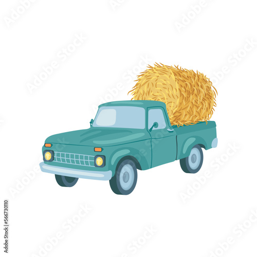 Blue car with haystack vector illustration. Cartoon drawing of farm harvest truck on white background. Farming, autumn, harvest, Thanksgiving concept