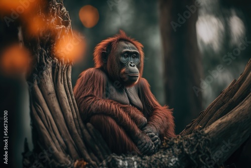 Orang utan sitting by burning trees in the forest. Generative AI