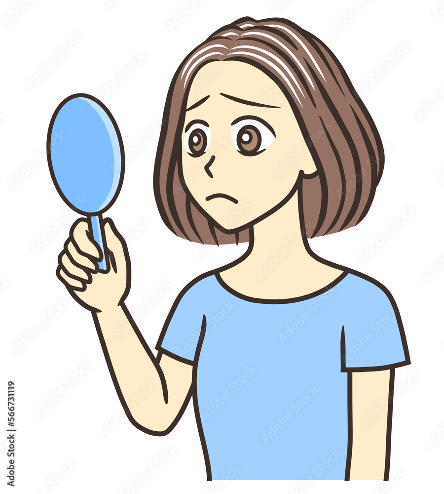 A young woman who is worried about her hair starting to turn gray A young woman who is worried about her hair starting to turn gray