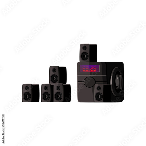 Black subwoofer speakers for stereo system vector illustration. Cartoon drawing of audio speakers and wireless music player isolated on white background. Music, entertainment, multimedia concept