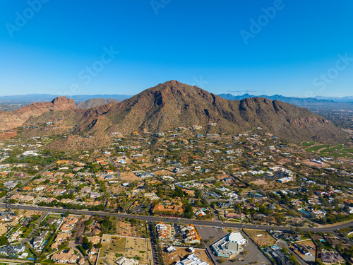 Camelback Mountain aerial view in city of Phoenix, Arizona AZ, USA.  photo