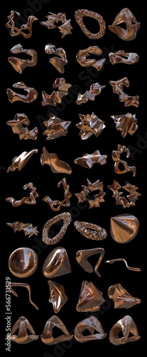 Set 3D figure. 3D render of abstract shapes, Abstract Bronze figures. golden figure