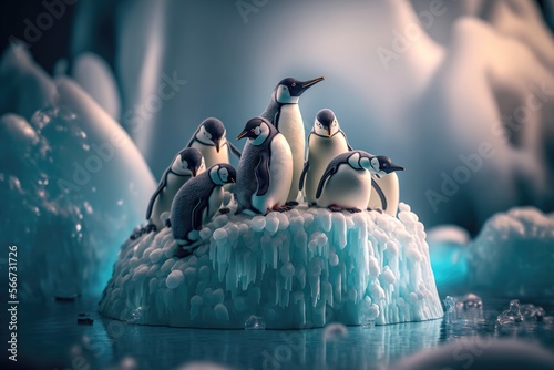 Herd of peguin standing on the melting ice. Global warming concept. Generative AI photo