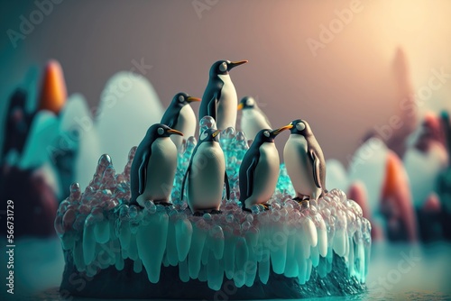 Herd of peguin standing on the melting ice. Global warming concept. Generative AI photo