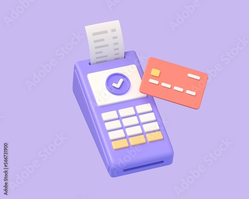 3d pos terminal in cartoon style. the concept of paying for purchases with a credit card. illustration isolated on purple background. 3d rendering.