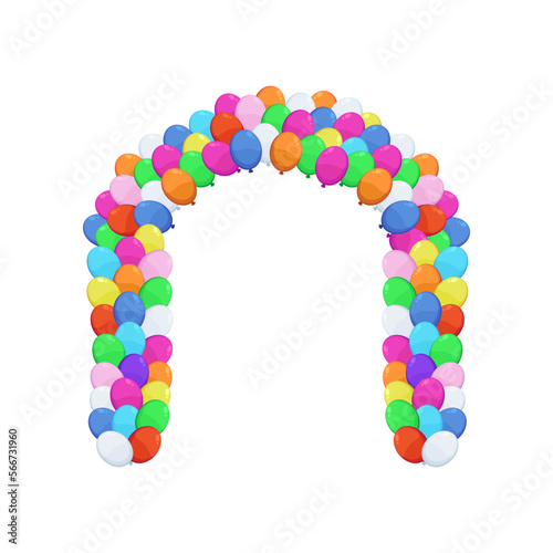 Colorful balloons arch as decoration for party vector illustration. Inflatable spheres, balloon arch for wedding, festival or carnival isolated on white background. Decoration, celebration concept