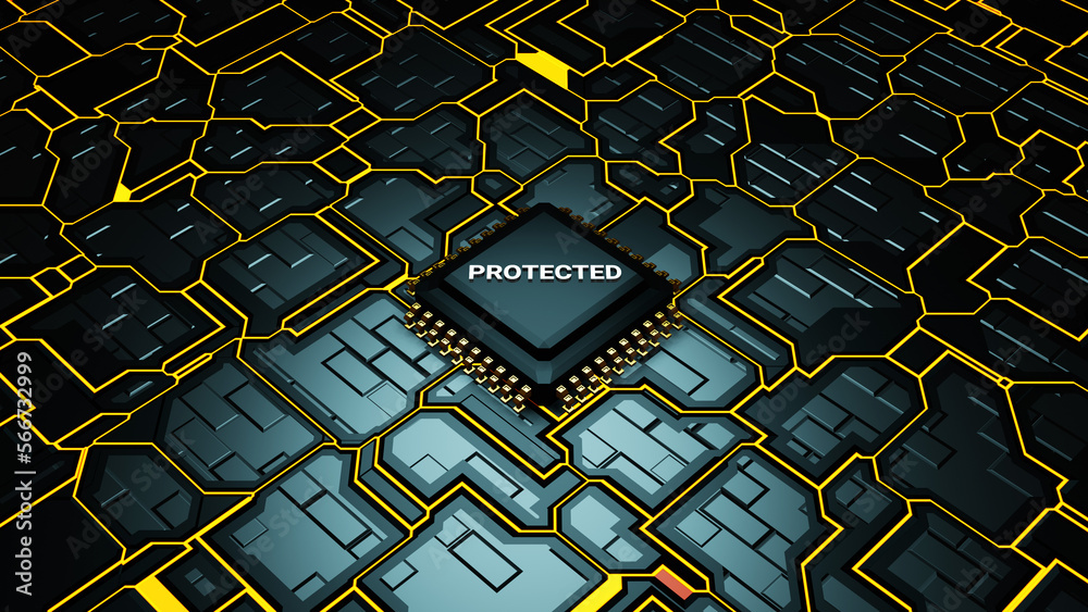 Protected text on motherboard chip background, 3D glowing electronic ...