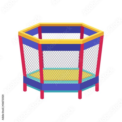 Trampoline with safety net for playground vector illustration. Bouncy object for sports center or playroom isolated on white background. Childhood, fitness, leisure concept