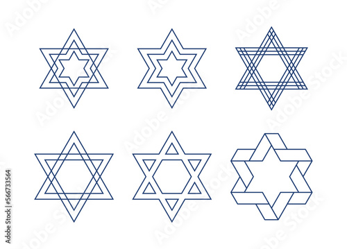Set of different Jewish six-pointed stars vector illustration with editable stroke