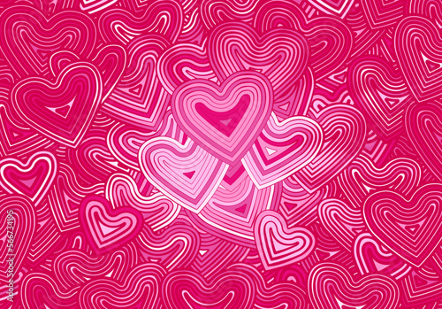 Valentine's Day greeting card template or background with hearts and line ornament. Retro fashion hippie psyhedelic design.