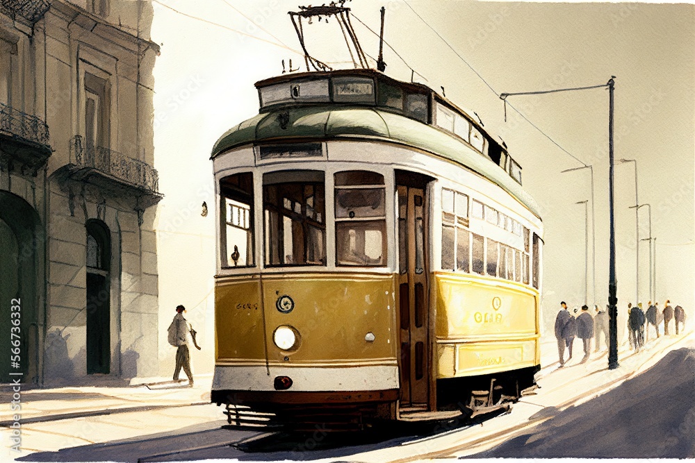 Lisbon tram. Watercolour painting.Generative AI art.