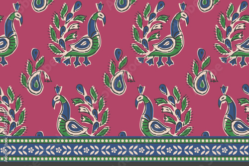 HAND DRAWN PEACOCK PATTERN WITH BORDER AJRAKH BAGRU SANGANER BLOCK PRINT AND BATIK PRINT DIGITAL PRINT SEAMLESS TEXTILE PATTERN IN EDITABLE FILE