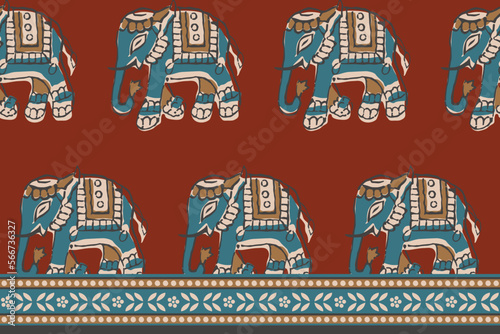 HAND DRAWN ELEPHANT PATTERN WITH BORDER AJRAKH BAGRU SANGANER BLOCK PRINT AND BATIK PRINT DIGITAL PRINT SEAMLESS TEXTILE PATTERN IN EDITABLE FILE