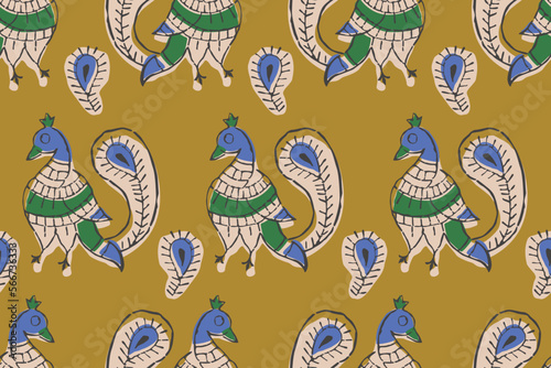 PEACOCK SEAMLESS PATTERN WITH IN BLOCK PRINT STYLE