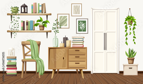 Scandinavian room interior with a white door, a dresser, a chair, and plenty of books and houseplants. Cartoon vector illustration