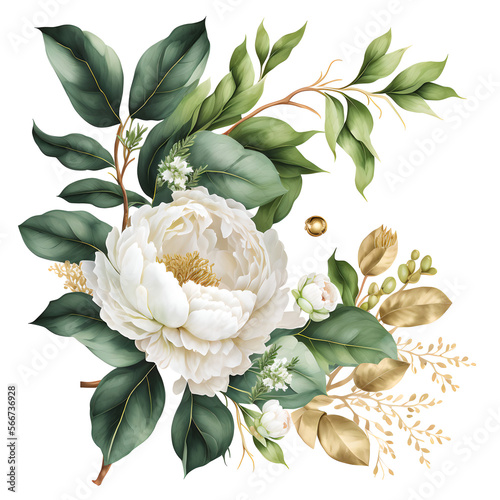  white flowers green gold leaves peony and branche atercolor. Generative AI