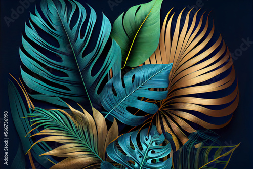 golden and green tropical leaves. Generative AI
