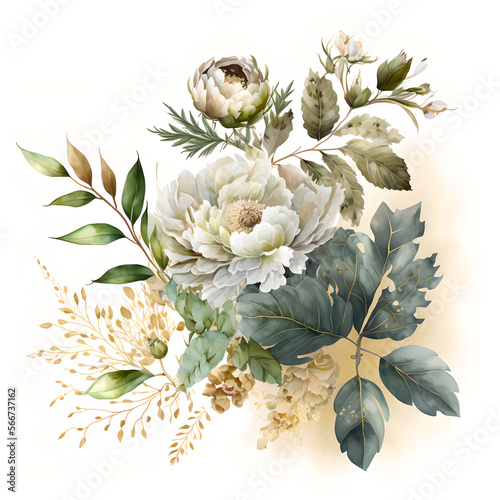  white flowers green gold leaves peony and branche atercolor. Generative AI photo