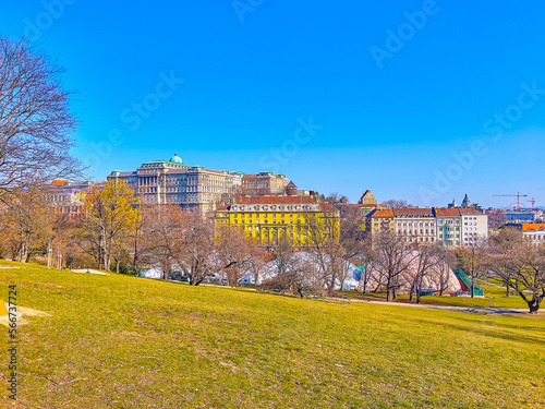 Buda Castle and surrounding buildings from hills of Taban Park i photo