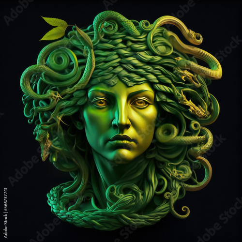 Goddess of Snakes Medusa. head of Medusa.Euryale Goddess. Gorgon Amazon from Greek Mythology. Female monster, protective deity. Serpent belt, power to petrify. Daughter of Phorcys and Ceto photo