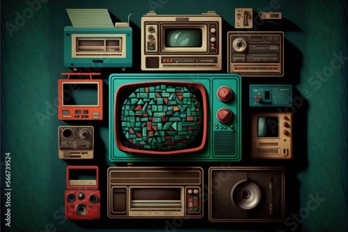 Background with electronics and old objects from the 80s and 90s, retro. Generative AI